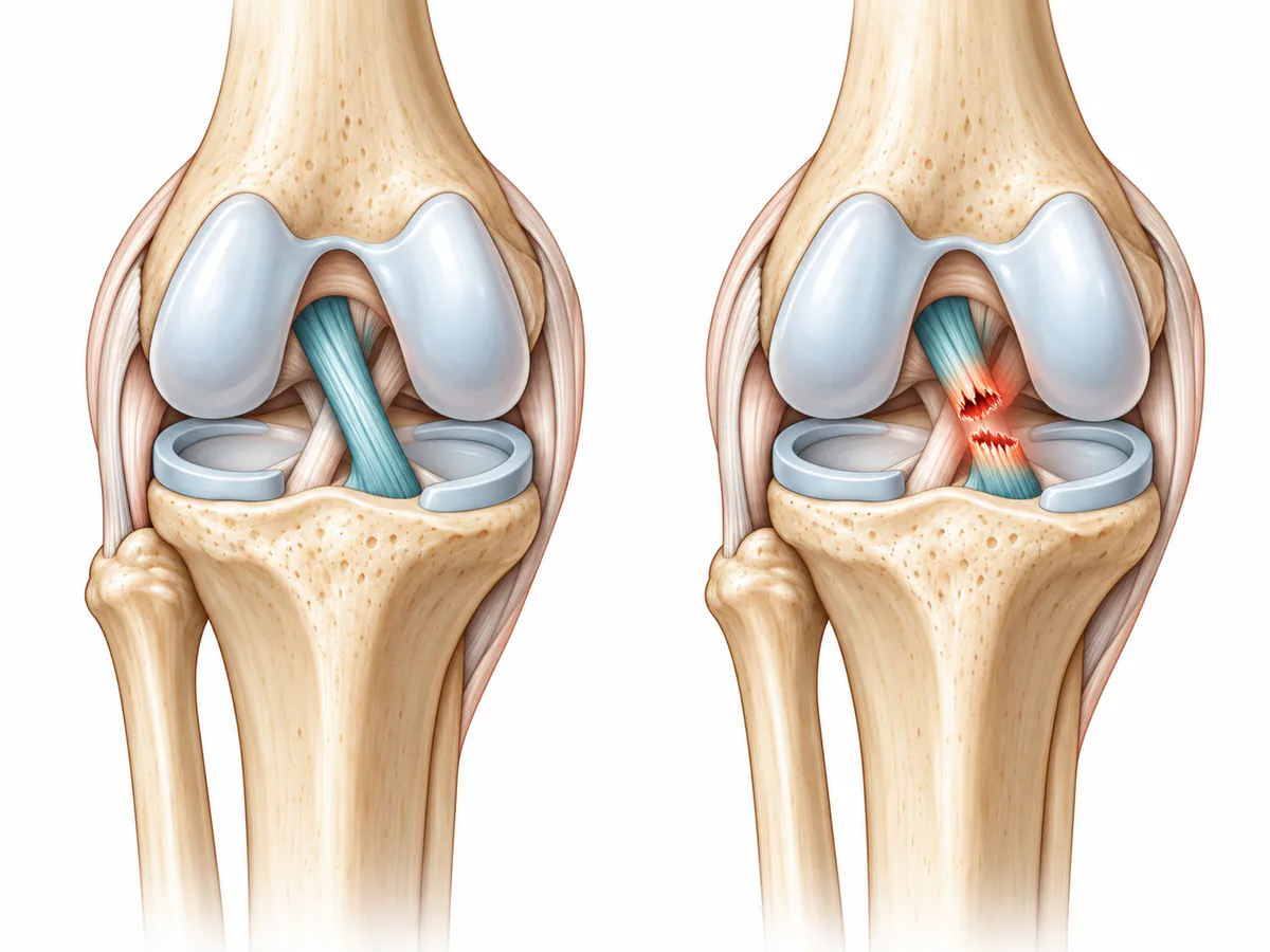 Illustration of a knee with an intact ACL on the left and a torn ACL on the right