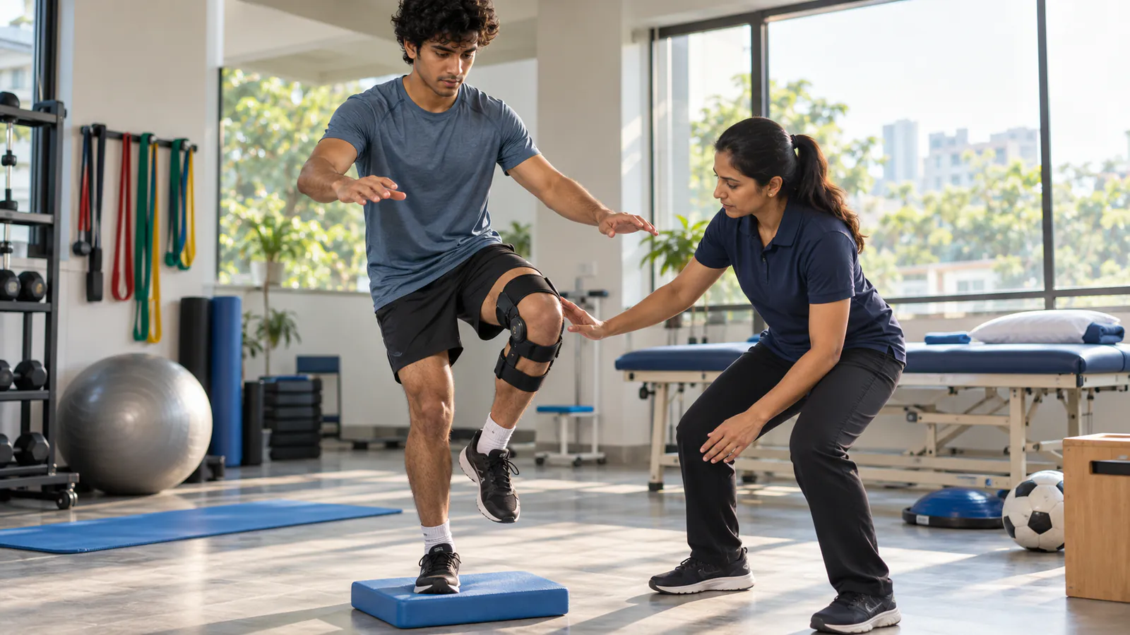 Young athlete doing knee rehabilitation exercises with a physiotherapist after ACL surgery