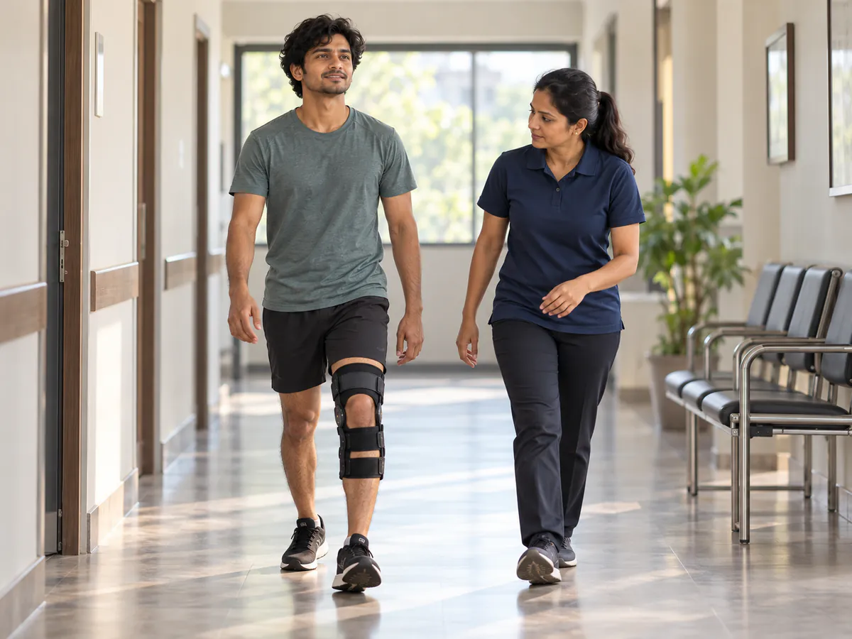 Young man wearing a knee brace walking in a corridor with a physiotherapist