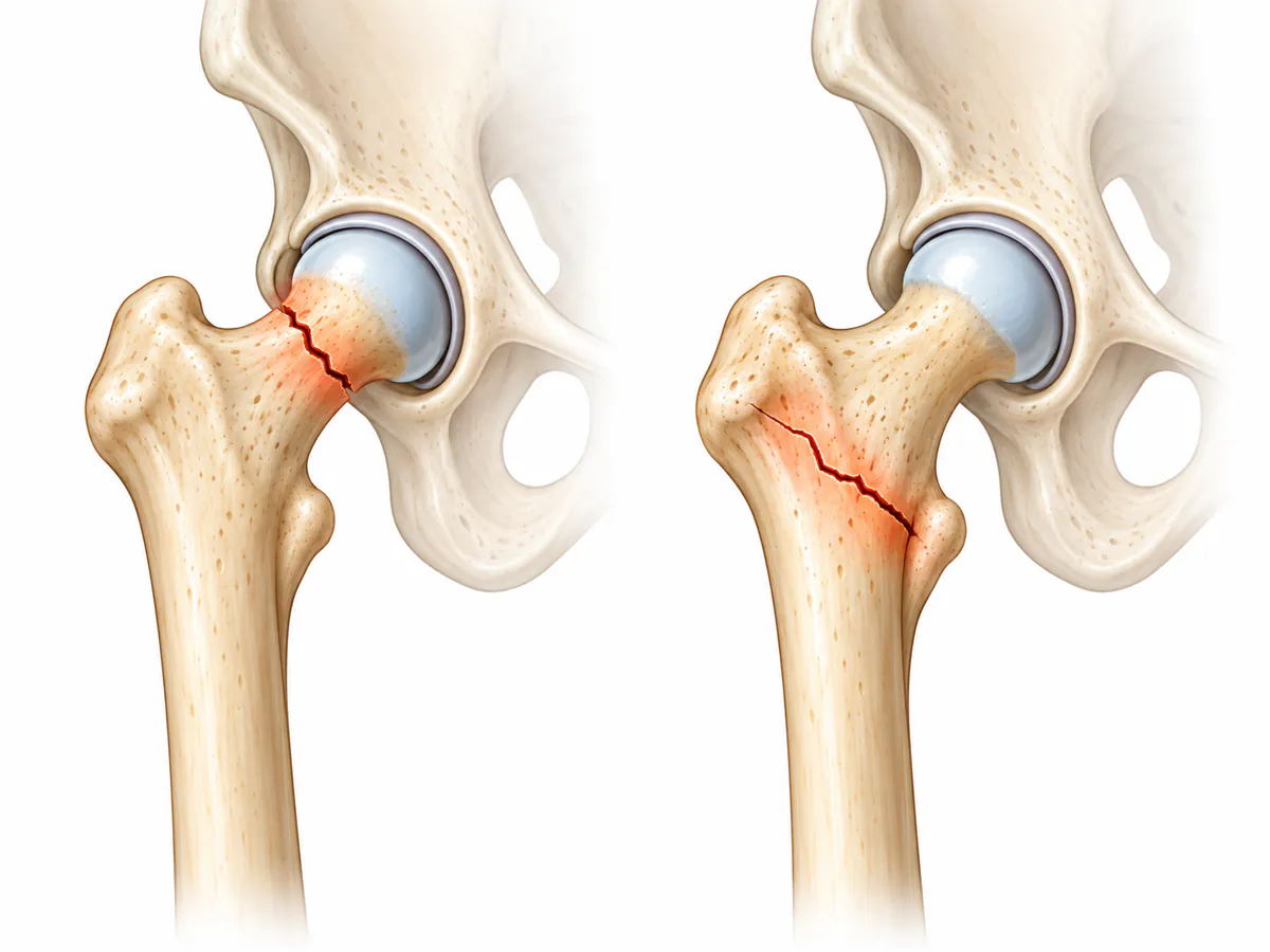 Illustration of the upper thigh bone and hip joint showing a neck of femur fracture on the left and an intertrochanteric fracture on the right