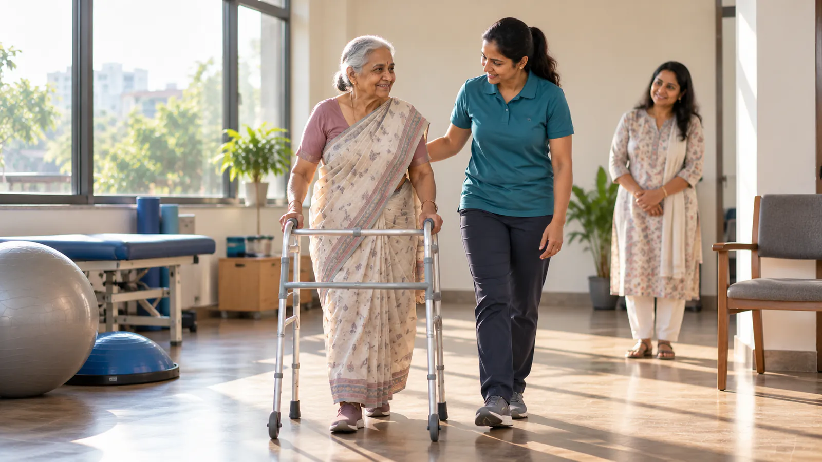 Elderly patient walking with a walker beside a physiotherapist after hip fracture surgery