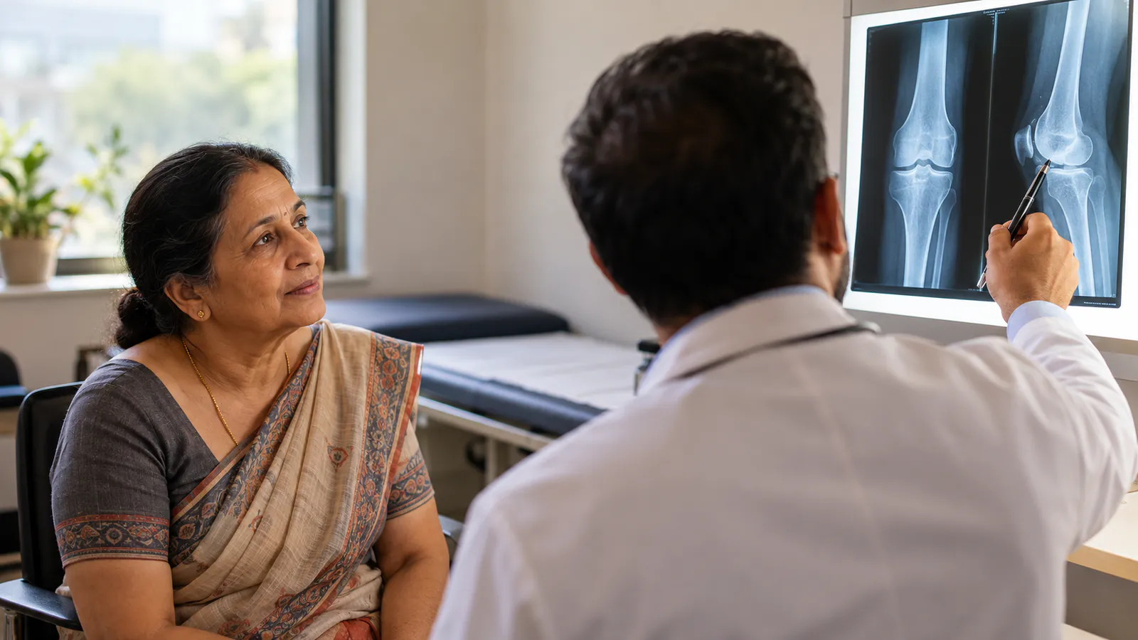 Orthopaedic doctor explaining a knee X-ray to a patient during a consultation