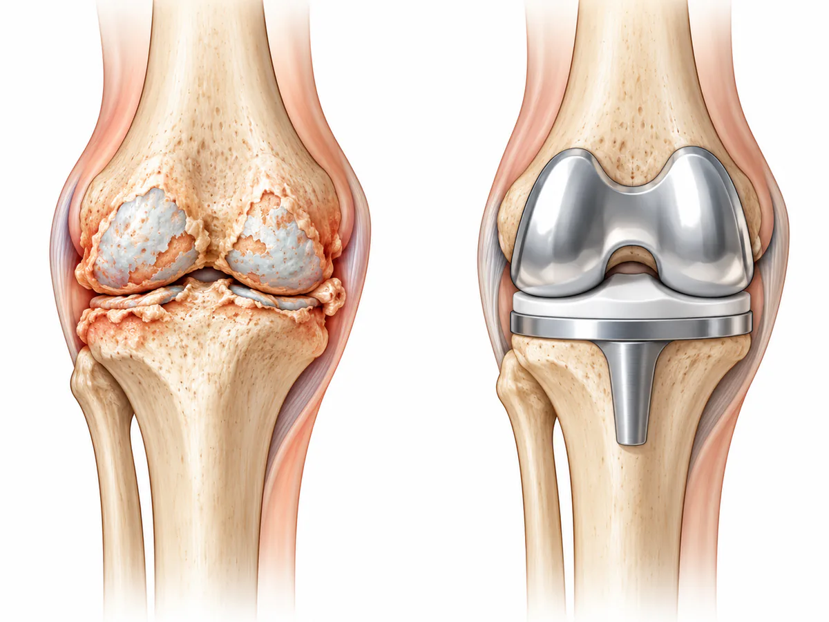 Illustration of a knee with advanced arthritis on the left and a knee after total knee replacement on the right