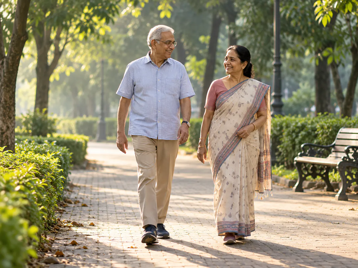 Older couple walking comfortably in a park
